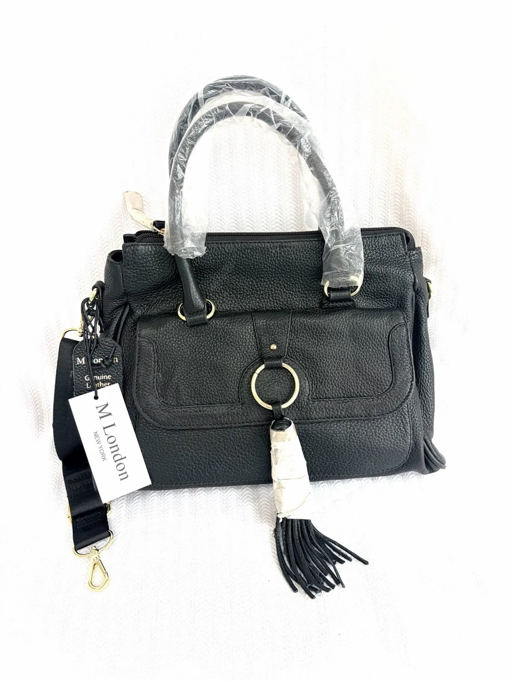 NWT! M. London Black Leather Satchel Handbag with Crossbody, Tassel Detail